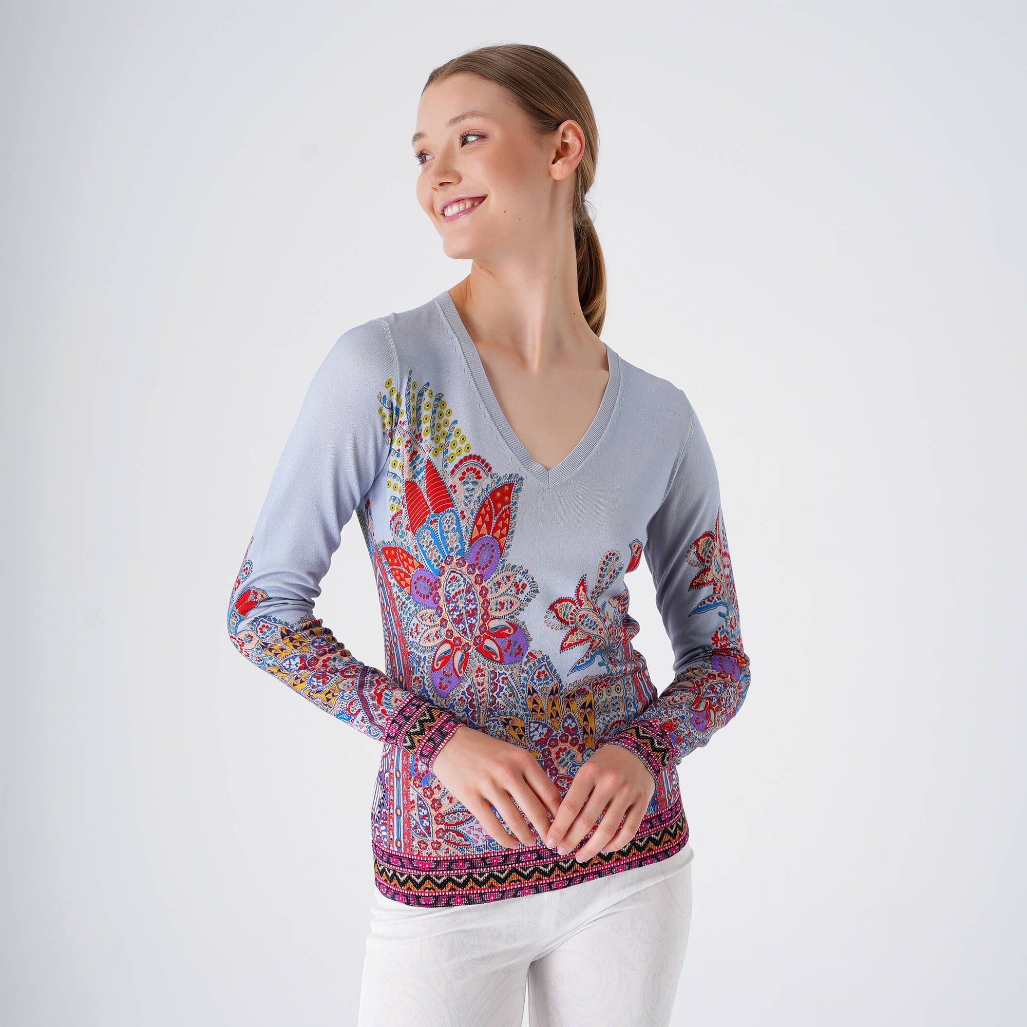 Etro - Blue Paisley Thin V Neck Sweater